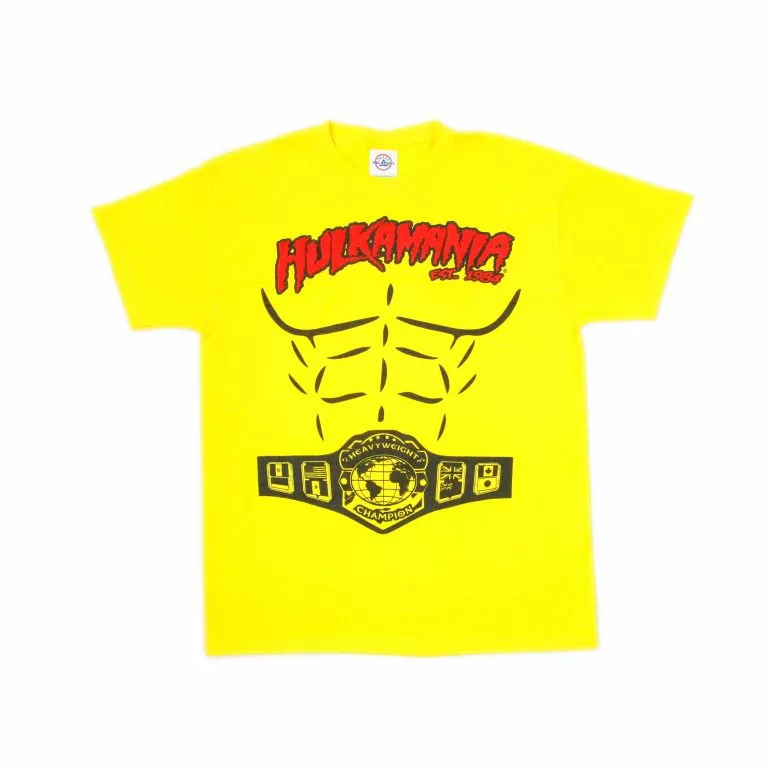 Hogans Beach Shop -Hogans Beach Shop Yellow Hulkamania Heavyweight Champion Shirt Kids 1 768x768 1